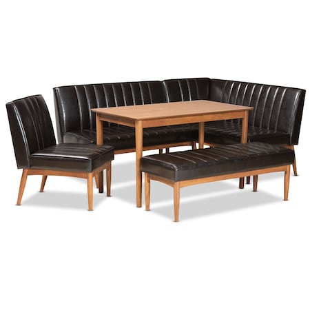 Baxton Studio Daymond Mid-Century Dark Brown Faux Leather and Walnut Brown Finished Wood 5-PC Dining Nook Set 186-11349-11350-11351-9305-Zoro